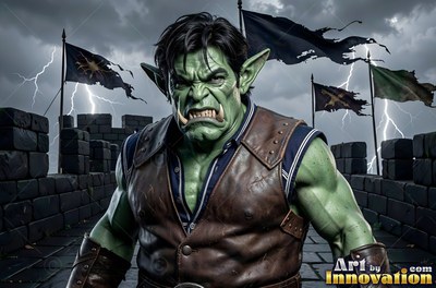 An orc man scowls on a stone rampart as white lightning flashes behind him