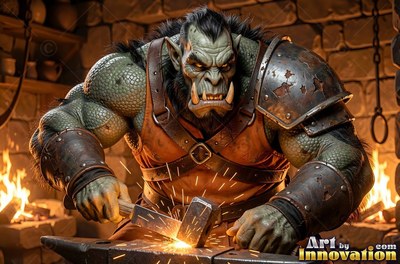 Leaning over an anvil in a forge, a muscular green orc man hammers hot metal