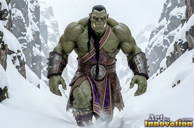 An orc man with green skin walks through snowy rocks in leather armor with spiked cuffs