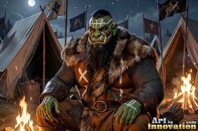 In a tent camp by campfires, a green-skinned orc man sits in fur armor