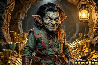 Grinning in a stone cave, a goblin man stands by piles of gold coins and cups