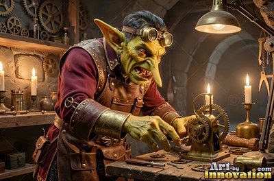 A green-skinned goblin man in goggles works on gears by lamplight