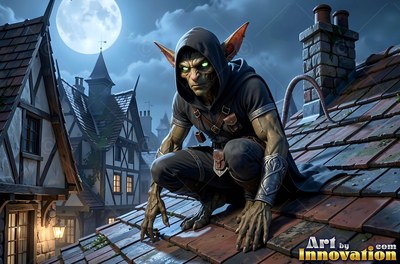Wearing a dark hooded vest, a green goblin man crouches on a tiled roof under a full moon