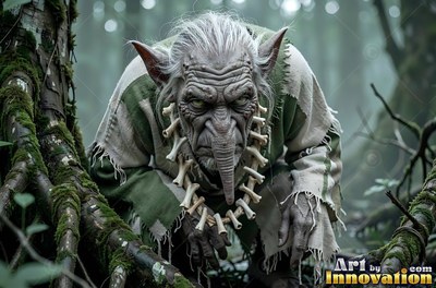 An elderly goblin man crouches among mossy tree roots under soft green forest light