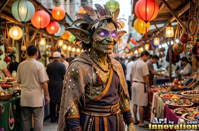 Facing forward in a market, a smiling goblin man wears a feathered headdress