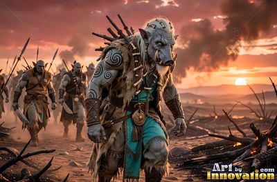 A tusked orc man in turquoise cloth walks across a dusty field with other men at sunset