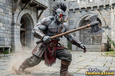 In a castle courtyard, a scarred gray orc man strides forward with an axe