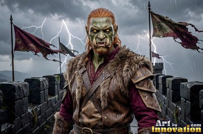 Standing on a stone wall in the storm, an orc man wears fur and leather armor