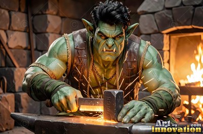 A green orc man hammers hot metal at an anvil near a fire