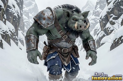 Tusked green boar-man in metal armor trudges through a snowy mountain pass