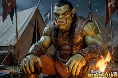 A muscular orc man sits near tents, lit by warm yellow firelight from below