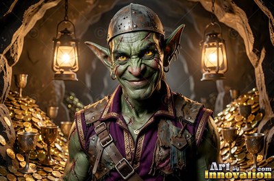 Facing forward in a dark cave, a goblin man grins by piles of gold coins