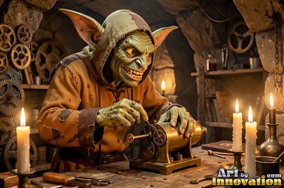 A grinning green goblin man tinkers with a small brass machine by candlelight