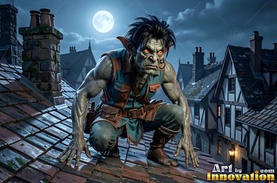 On a moonlit rooftop, a muscular goblin man crouches on the shingles