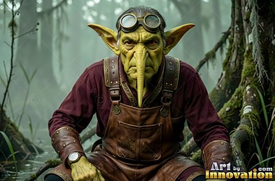 Crouching in a misty swamp, a green goblin man wears leather overalls and round goggles