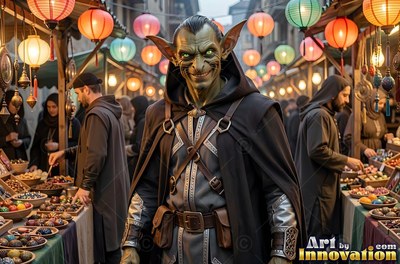 A goblin man in a black hooded cloak grins in a lantern market