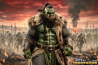 Wearing a thick fur cloak, a green-skinned orc man walks ahead of his army on a smoky battlefield