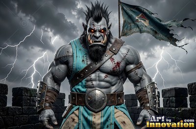 A muscular orc man stands on stone ramparts under flashes of white lightning