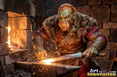 Leaning forward in a dark stone forge, a green-skinned orc man hammers a hot iron blade