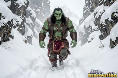 An orc man walks through deep white snow between icy cliffs