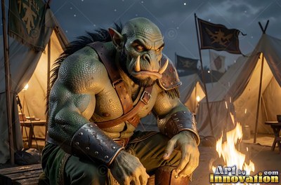In a tent camp at night, a muscular green orc man sits near a small fire