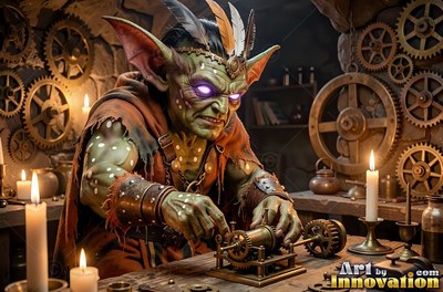 Tinkering with gears by candlelight, a green-skinned goblin man works in a workshop