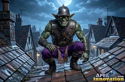 Goblin man with green skin crouched on a rooftop under a full moon