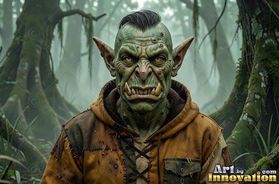 A green-skinned orc man with lower tusks wears a tattered brown vest in a misty forest