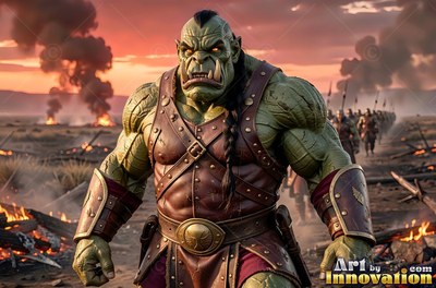 An orc man with green skin stands on a smoking battlefield under an orange sunset sky