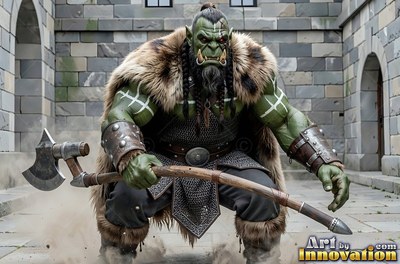 Crouching low in a stone courtyard, a green orc man grips a heavy battleaxe