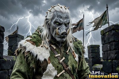 A tusked orc man in green fur stands on stone ramparts under lightning flashes