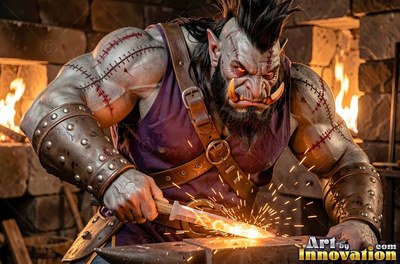 In a stone forge, a muscular orc man hammers hot metal on an anvil