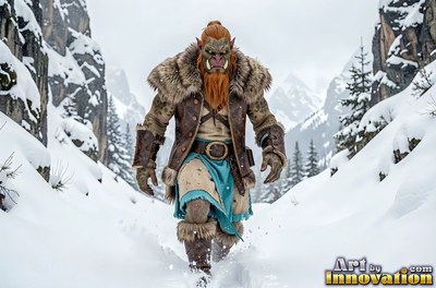 Walking through deep snow, a red-bearded orc man wears a fur coat between rocky mountains