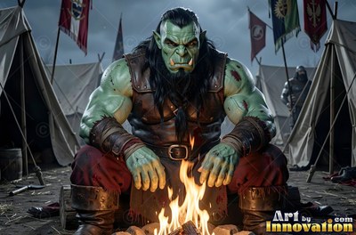 Muscular green orc man sitting by a campfire in a tent camp