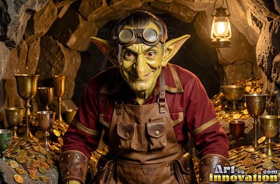 Wearing round goggles, a grinning goblin man leans over gold coins in a stone cave