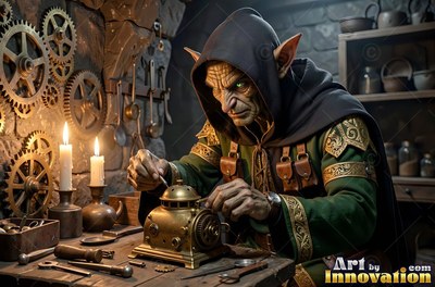 A hooded goblin man tinkers with a small brass machine by warm candlelight