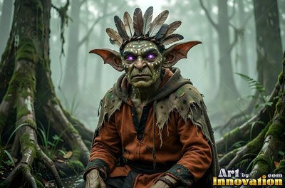 Facing forward in a foggy forest, a green goblin man wears a feather headdress