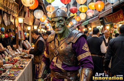 A grinning goblin man in armor walks through a crowded night market under lanterns