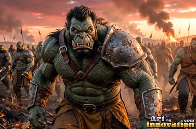 On a smoky battlefield, a tusked green-skinned orc man walks ahead of his army