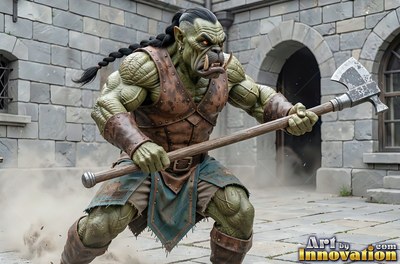 Holding a heavy axe, a green-skinned orc man crouches in a stone courtyard