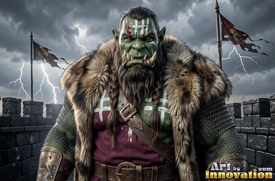 Orc man in a fur coat stands on a stone wall in lightning