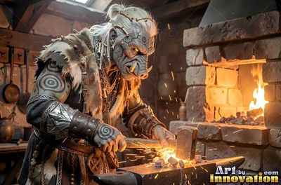 Wearing a fur vest, an orc man hammers hot iron on an anvil beside a stone hearth fire