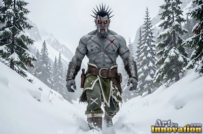 A pale orc man walks through snowy mountains under bright gray winter light