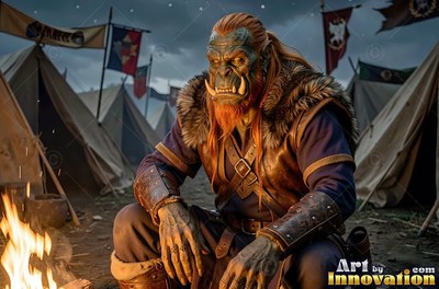 Crouching in a tent camp, a tusked orc man warms his hands near a fire