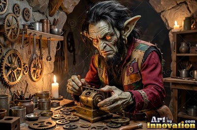 A sharp-featured goblin man adjusts small brass gears by candlelight at a workbench