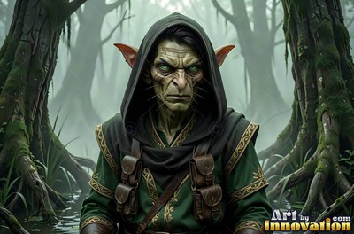 In a misty swamp, a goblin man wears a dark hood and a green tunic with leather pouches