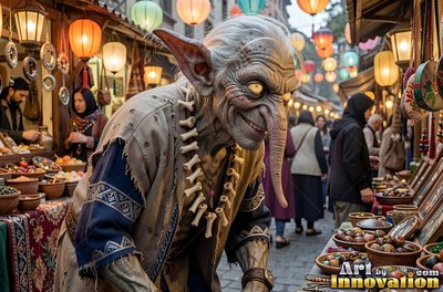 Grinning in a busy night market, an old goblin man stoops near warm paper lanterns