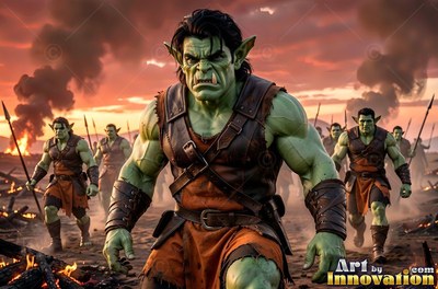 Green orc men in leather armor march forward on a smoky field