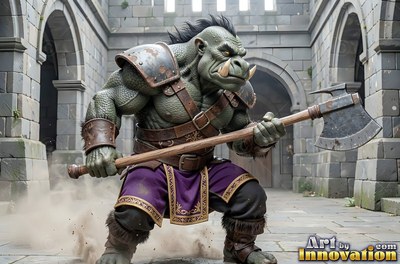 Curved white tusks jut from an orc man with a battleaxe in a gray castle courtyard