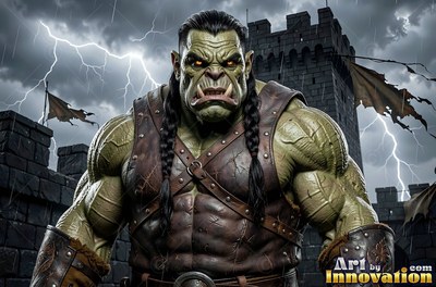 An orc man stands on a stone wall under white lightning flashes in the dark sky